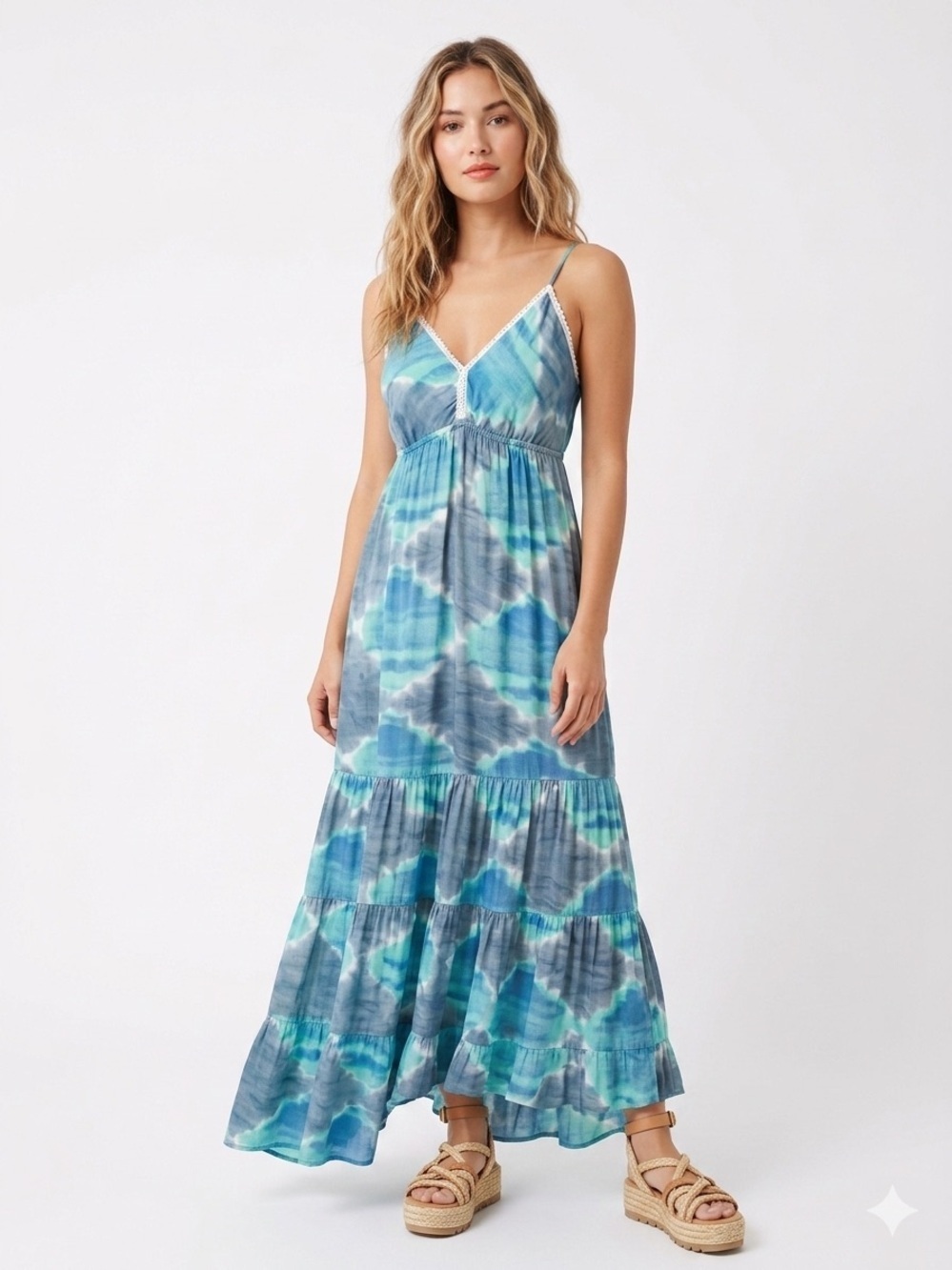 RAGA Blue Tie Dye Maxi Dress Lace Trim Boho Beachy Size M